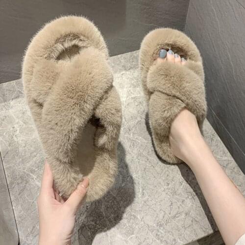 Winter House Women Fur Slippers Fashion Cross Band Warm Plush Ladies Fluffy Shoes Cozy Open Toe Indoor Fuzzy Slides For Girls