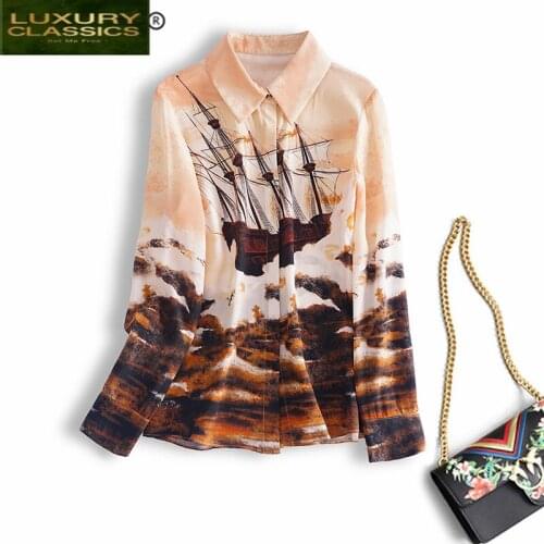 100% Real Silk Vintage Blouse Women Spring Autumn Clothes 2021 Korean Elegant Womens Shirt Fashion Ladies Print Tops 347