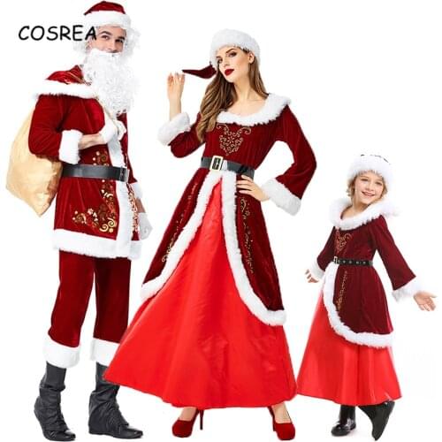 2019 Mens Santa Claus Hat Christmas Eve Costumes Adult Wine Red Dress Christmas Queen Beard Wig Top Pants Suit Women Kids Gift