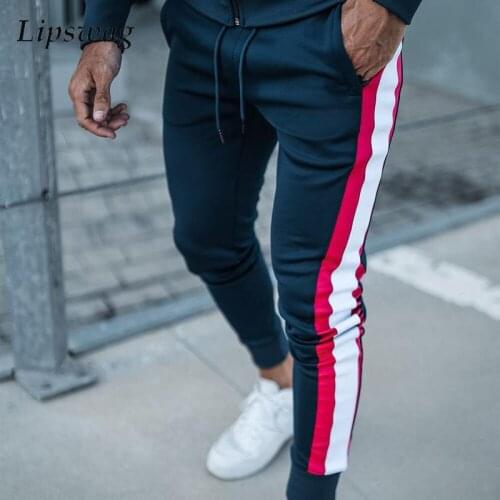 2021 Fashion Autumn Stripe Patchwork Track Pants For Men Casual Mens Slim Fit Jogging Trouser Drawstring Mid Waist Sports Pants