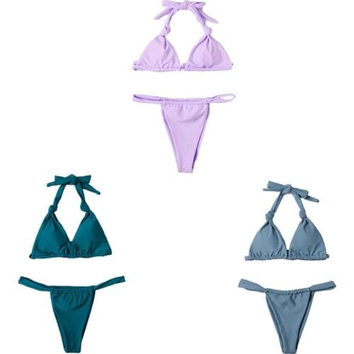 2021 Sexy Swimwear Women Solid Color Push Up Padded Thong Bikini Beach Bathing Suit Lace Up Micro Swimsuit