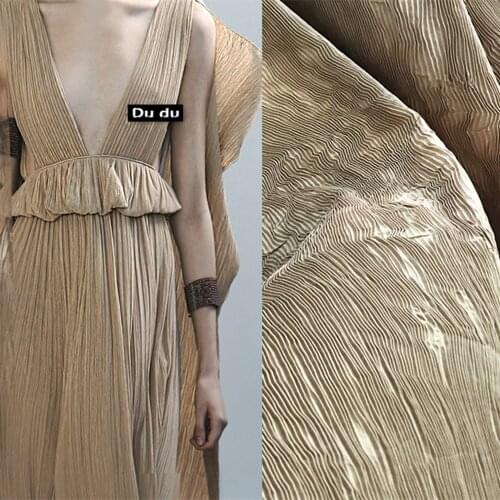 45*142cm Crushed texture Clothing Fabrics Corrugate texture Khaki Pleated Fabrics Coat Dress Design Fabrics DIY