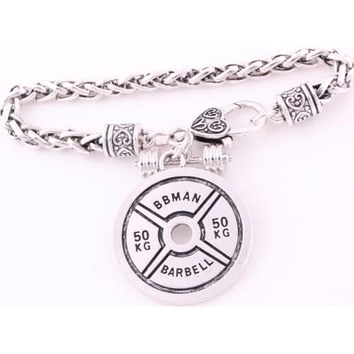 Antique sliver plated TRAIN HARD OR GO HOME 50KG BBMAN BARBELL Fitness Bodybuidling charm Bracelet