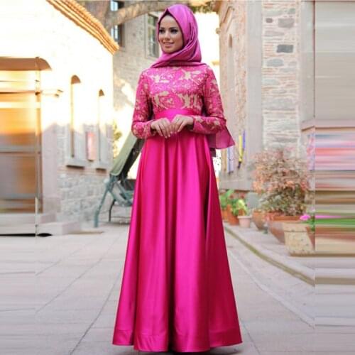 Fushia Muslim Prom Dresses 2020 Lace Satin Evening Gowns Glossy Long Sleeves Caftan Arabic Dubai Prom Dress