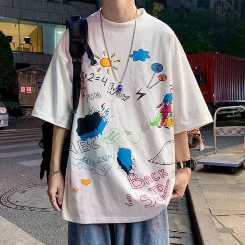 Short-sleeved T-shirt mens summer Hong Kong style Korean trend loose shirt students casual graffiti half-sleeved T-shirt blouse