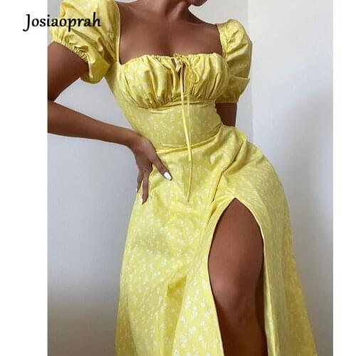Josiaoprah Elegant square collar spring summer dress Casual beach women vintage ruffles boho dress robe femme dresses vestidos