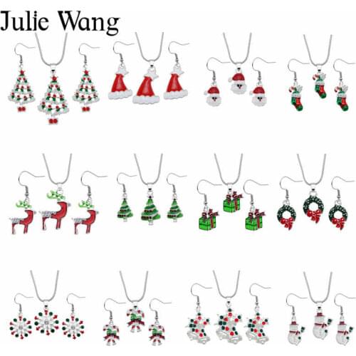 Julie Wang Enamel Christmas Tree Bell Hat Santa Claus Necklace+Earrings Alloy Jewelry Set Snake Chain Fashion Women Xmas Gift