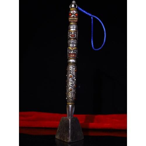 11"Tibet Temple Collection Old Tiantie Tracing mosaic Gem Skull head Dorje Vajra Phurpa Mahakala head Town House