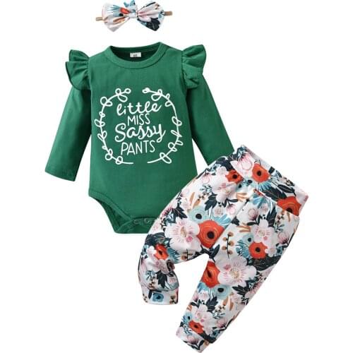 Indoor Clothing Set For Girls Printed Clothes Set Soft Cotton O-Neck Bodysuit For Newborns+Pants+Headdress Infant Baby Home Wear