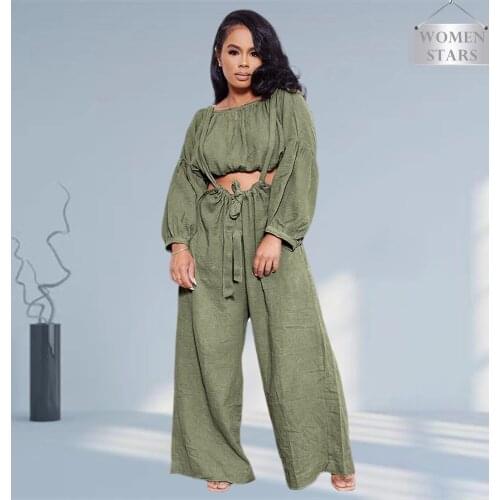 Two Piece Set Women Fall Outfits Clothes Casual Cotton Pleated Sling Straps Wide Leg Pants Long Sleeve Wholesale Dropshipping