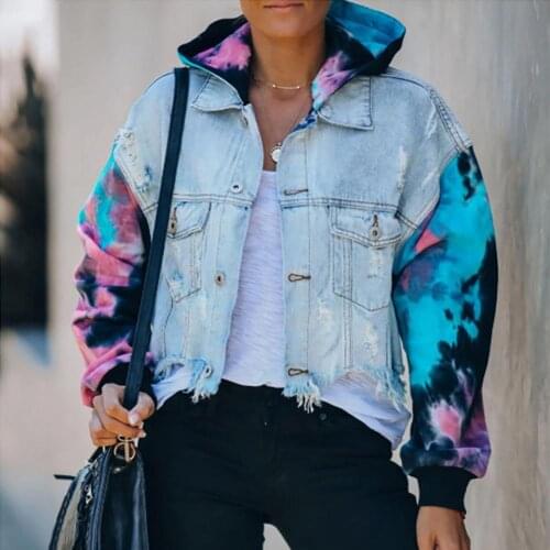 Women Tie Dye Ripped Denim Jacket Single Breasted Short Coat Long Sleeve Pockets Streetwear For Daily Wear