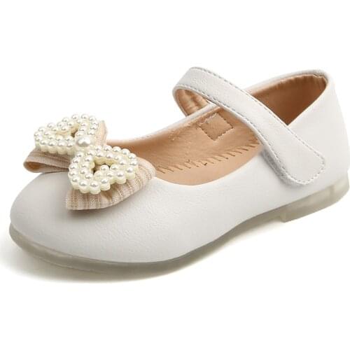 Hot SALE Spring Autumn Fashion Girls Leather Shoes Cute Pearl Bowknot baby Toddler Shoes little girls Soft bottom princess shoes