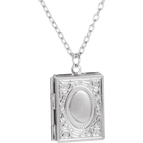 Fashion Carved Vintage Chain Necklace Women Delicate Imitation Book Locket Necklace Secret Hiding Place Photo Locket Necklace