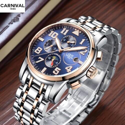 CARNIVAL Switzerland Automatic Watches Men Luxury Brand Business Water Resistant Stainless Steel Strap Mechanical Wristwatches