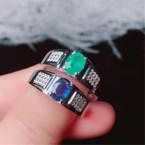 Natural Emerald Sapphire Ring Gem Men’s Jewelry Adjustable Ring Size Sterling Silver Inlaid Bague Homme Engagement