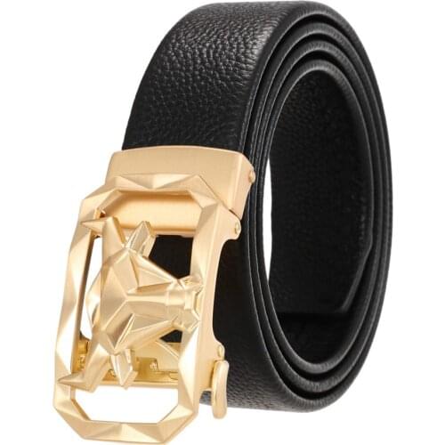 Mens Leather Ratchet Dress Belt with Automatic Buckle Waistband for Male Length:110-130cm Width:3.5