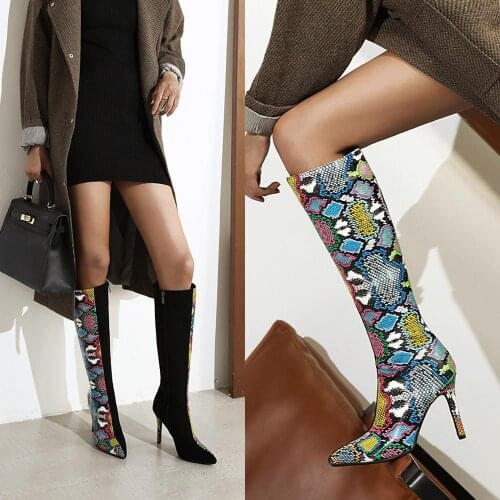 2020 New Brand Women Boots Fashion High Heels Knee High Boots Faux Leather Autumn Pointed Toe Boots Winter Female Boots Shoes