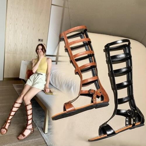 YQBTDL New Reach 2020 Studded Knee High Gladiator Sandals Women Rome Shoes Summer Black Brown Buckle Hollow Flat Womens Sandal