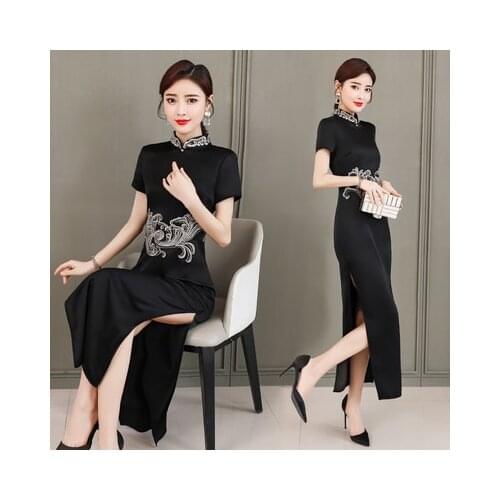 2021 New Chinese Style Cheongsam Modified Women Maxi Long Dress Retro Mandarin Collar Plus Size Women Ladies Dresses Vestidos