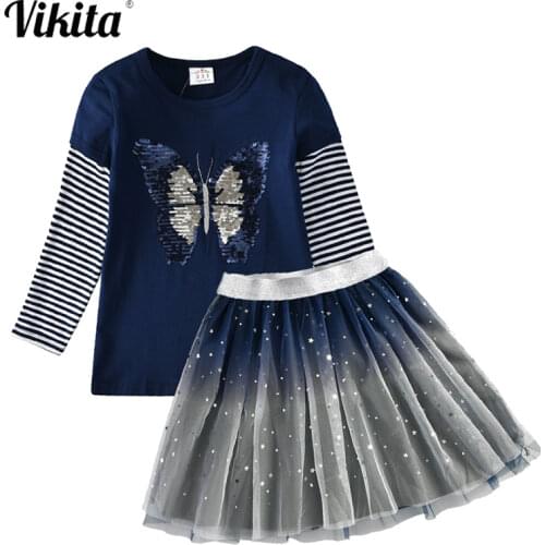 VIKITA Children Clothes Autumn Spring Kids Striped Cotton Butterfly Sequins Casual Tops and Elastic Mesh Mini Skirts Kids Outfit