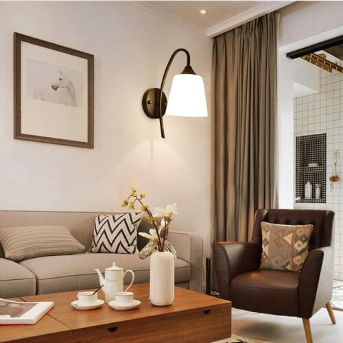 Wrought Iron Wall Lamp Simple And Stylish Modern Bedside Wall Light Bedside Lamp E 27 AC 90-260 V High Quality Glass Lampshade