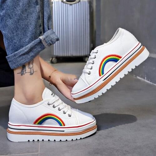 Rainbow Women Fashion Shoes Vulcanize White Sneakers Shoes Women Classic Casual Canvas Shoes Female Lace-up Flat Trainers W31-50