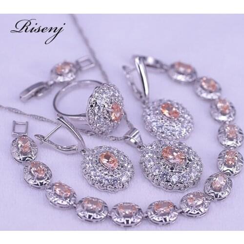 Risenj 925 Sterling Silver Jewelry Set For Women Bracelet Earrings Ring Necklace Set Champagne Zircon &Crystal Bridal Jewelry