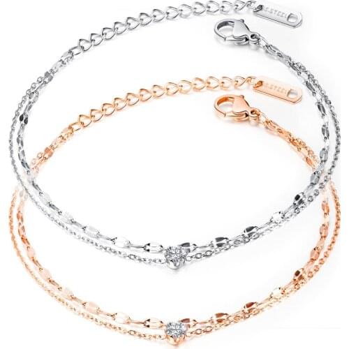 Rose Gold Color Double-deck Link Chain CZ Bangle Bracelet For Women Stainless Steel Cuff Hand Jewelry Gift Dropshipping