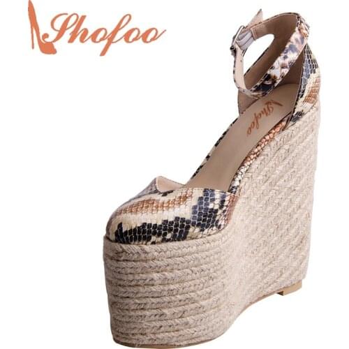 Super High Heels Straw Espadrilles 20cm Wedges Platform Clogs Women Snake Print Ladies Shoes Strange Heels Shoes Size 45 Shofoo