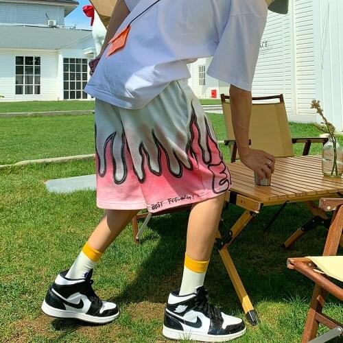 Summer Graffiti Flame Print Shorts Men Mid Waist Shorts Tendy Streetwear Wide Leg Elastic Boys Casual Patchwork Loose Sweatpants