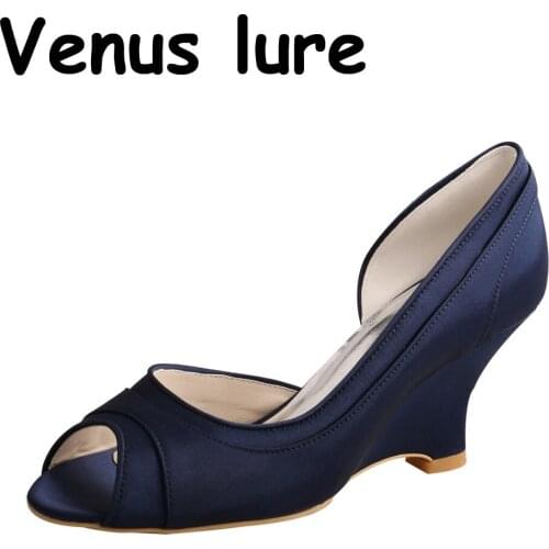 Handmade Wedding Wedge Heel Navy Blue Wedge Peep Toe Pumps Shoes Women