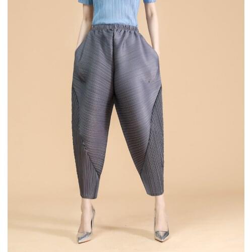 Womens Carrot Pants Miyak Pleated Loose Pocket Elastic High Waist Harem Trousers Korean Style Female Summer Casual Bloomers