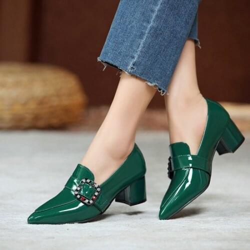 Sianie Tianie 2021 Spring Autumn New Pointed Toe Oxford Chunky Heels Patent Leather Green Retro Office Ladies Pumps Womens Shoes