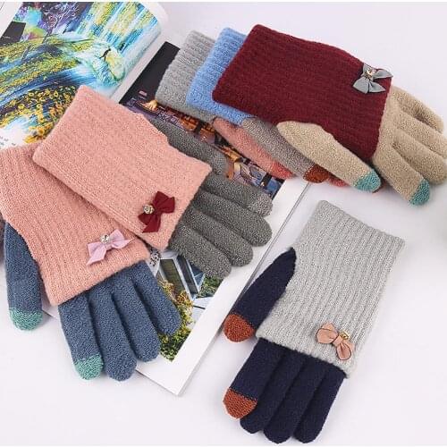 Women Knit Gloves Winter Bowknot Double Layer Touch Screen Full Finger Knitted Gloves Mitten Soft Thicken Stretch Ladies Mittens