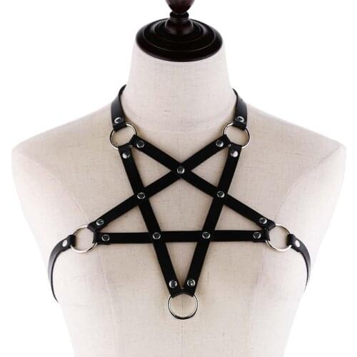 2019 Black Belt Pu leather Pentagram Harness body chain women Bondage Goth Party bodychain Halter Festival Outfits punk Jewelry