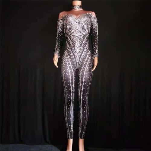 E52 Female black bodysuit pole dance stage wears jumpsuit singer dj ds gogo performance dress outfits Rhinestone sexy acrobatics
