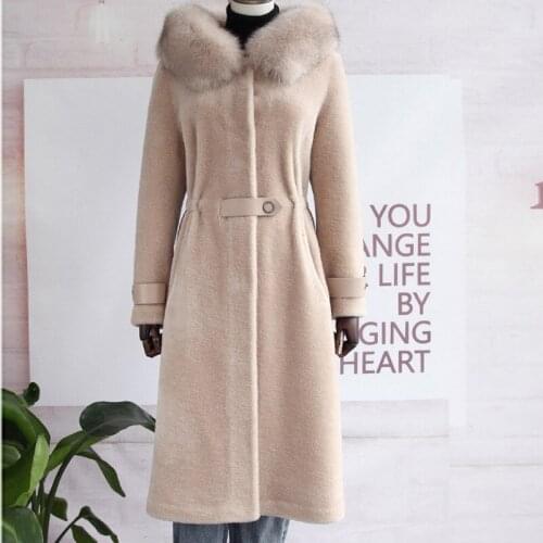 2102 Real Fur Coat Women Winter Jacket Fox Fur Collar Long Wool Fur Jacket Korean Vintage Clothes Coats and Jackets Women 5888
