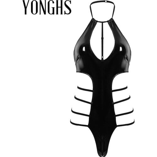 Womens Lingerie Latex Bodysuit Wet Look Patent Leather Halter Neck Sleeveless Low Back Side Cut Out Leotard Bodysuit Nightwear
