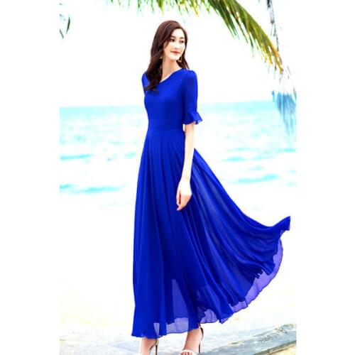 2020 New Summer Middle Aaged Women Chiffon V Neck Slim Ruffles Long Dress Female Beach Mother Fashion Dresses Vestitos W199