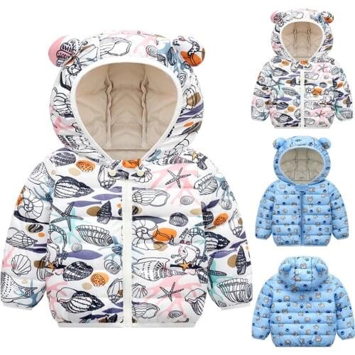 Winter Baby Boys Girls Down Jacket Fashion Cartoon Print Bear Ear Hooded Outerwear Jacket Coat Toddler Kids Winter Clothes