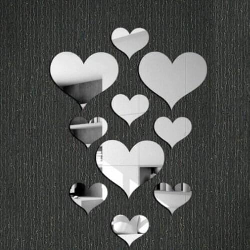 10Pcs DIY Love Heart Mirror Wall Sticker Acrylic Glass Stick 3D Mural Decal Removable Stickers For Home Bedroom Art Background