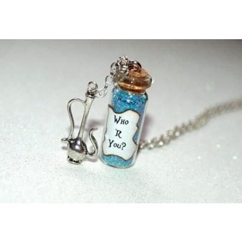 12pcs/lot Alice in Wonderland, Who R You? Necklace with a Hookah Charm, Smoking Caterpillar silver tone