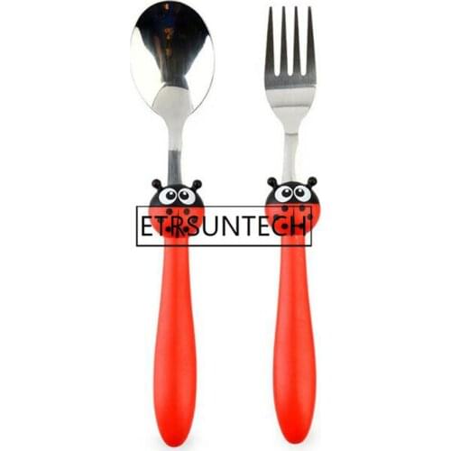 180sets Cartoon Portable Kids Cutlery Ladybug Bee Dinnerware Sets Children Tableware Suit Stainless Steel Fork Set