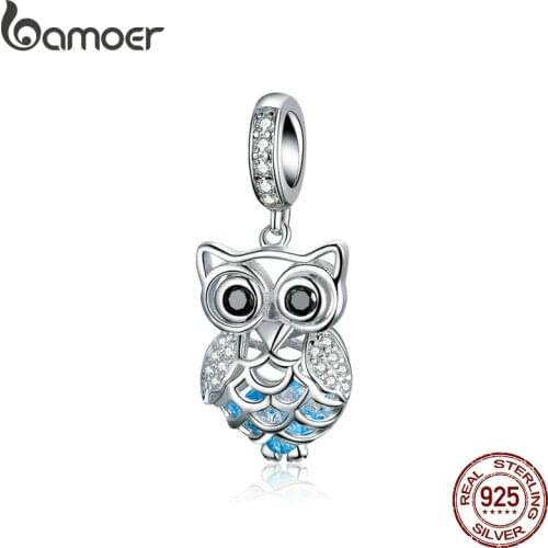 BAMOER New Arrival 925 Sterling Silver Crystal Owl Cubic Zircon Animal Charms fit Beads Bracelets & Bangles DIY Jewelry SCC1124