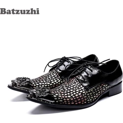 Batzuzhi Italy Type Formal Leather Shoes Men Pointed Metal Tip Oxford Leather Dress Business Shoes Men Lace-up Party Shoes Man