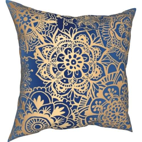 Blue And Gold Mandala Pattern Pillowcase Printed Fabric Cushion Cover Decoration Pillow Case Cover Home Zippered 45*45cm