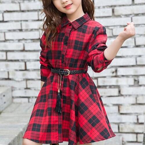 Hibobi Kids' Cotton Plaid Shirt Dress Childrens Clothing Spring Autumn Waist Skirt 3-10Years Long Sleeve