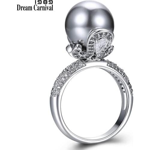 DreamCarnival 1989 Brand New Elegant Wedding Ring for Women Grey Pearl Micro Cubic Zircon Paved Jewelry Party Must Have WA11530
