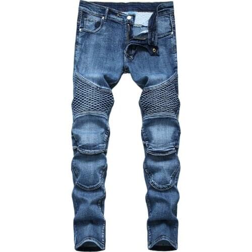 Spring Straight Leg Mens Stacked Jeans Moto & Biker Knee Patchwork Pocket Pants Slim Brand Denim Trousers Fashion Trend 29-42