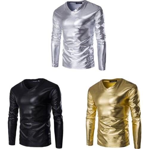 Hipster Men Faux Leather Sexy T-shirt Shiny Casual Style Long Sleeve V-neck Solid Color Pullover Undershirt Leisure Wear Garment